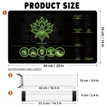 MTG Playmat with Zones – Lotus Sketch Green 24x14 Card Game Mat for Magic The Gathering, Stitched Edge, Non-Slip Rubber Base with Prismatic Playmat Tube – Lotus Green Zone - color: Lotus Green Zone