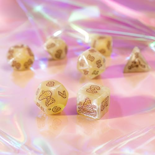 Q-Workshop Capybara Ornamented Dice Set Sleepie, Ages 14+ | RPG dice - 7 Piece Polyhedral Dice Set with Red Engraved Numbers, Cream Glitter Resin for DnD, Pathfinder & Tabletop