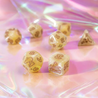 Q-Workshop Capybara Ornamented Dice Set Sleepie, Ages 14+ | RPG dice - 7 Piece Polyhedral Dice Set with Red Engraved Numbers, Cream Glitter Resin for DnD, Pathfinder & Tabletop