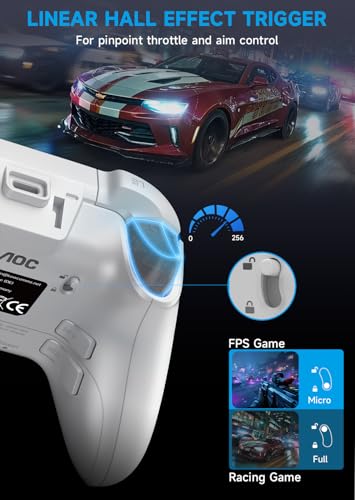 AOC Interactive Screen PC Controller — Wireless Controller Compatible with PC/Switch/Switch 2/iOS/Android, Hall Effect Joystick & Triggers, RGB Lighting, Adjustable Vibration/Turbo, 1000mAh Battery(Matte White) - color: White