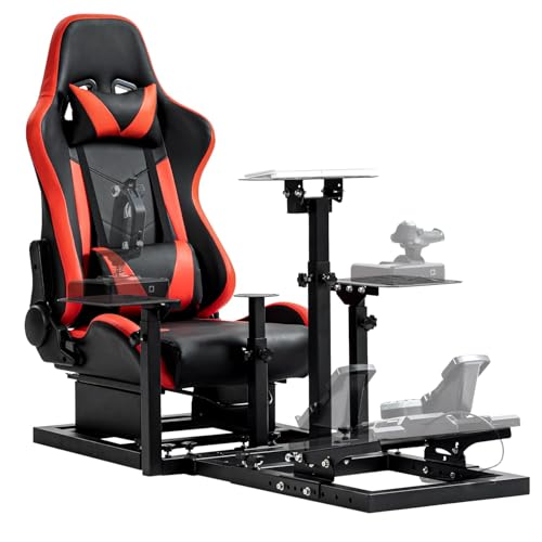Gazzyt Flight Racing Simulator Cockpit Stand with Red Seat Fit for Logitech G29 G920 G923 X52 for Thrustmaster Hotas race car seat without Steering Wheel, Pedals, shifters, Keyboard and Flight Stick