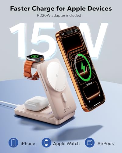 KPON Foldable 3in1 Charging Station for Magsafe, Travel Phone and Watch Charger for Apple Devices, Wireless Charging Dock for iPhone 17 16 15 14 13 12 Series/Apple Watch/Airpods - color: Pink