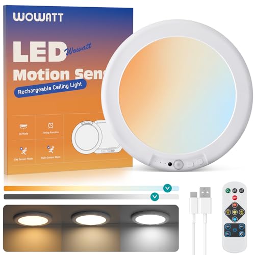 wowatt Rechargeable Ceiling Lights Battery Operated Ceiling Light with Remote Wireless Shower Lighting 3000K 4500K 6500K 7.48in Dimmable Timing Overhead Light for Closet Shower Living Room - color: Round-3 Changing Color, size: 1 Pack