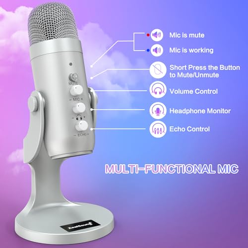 ZealSound Podcast Microphone for PC, Noise Cancellation USB Mic with Gain, Volume Adjustment & Mute Button, Monitoring & Echo, for YouTube, TikTok, Podcasting, Streaming, iPhone, iPad, Android(Silver) - color: Silver