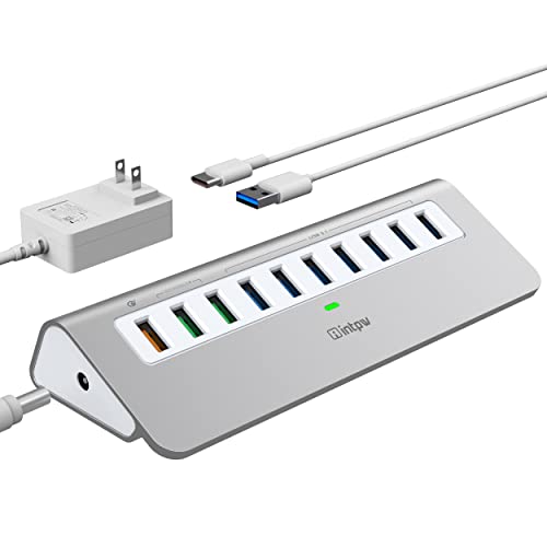 Powered USB Hub 10Gbps, 10 Port USB 3.2 Gen 2 Hub with 7 USB 3.2 Data Ports, 3 Fast Charging Ports, 36W Power Adapter, Type A and Type C Cable, Aluminum USB Hub for Laptop, Mac, PC - color: Silver, size: 7 data + 3 charging