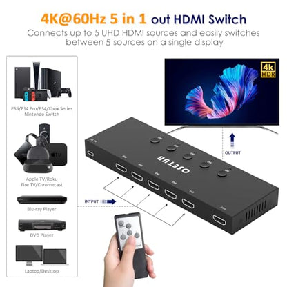 4K@60Hz 5 in 1 Out HDMI Switch, 5 Port HDMI Switcher Selector Support HDR10 & HDCP 2.2 & Full 3D with IR Remote Control Compitable with Nintendo Switch,Xbox PS5/4,Fire Stick,Roku,Apple TV for Gaming - size: 4K@60Hz 5 in 1 Out HDMI Switch Upgraded