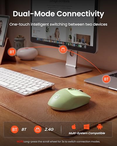 Bluetooth & 2.4G Dual-Mode Wireless Mouse with Visible Battery Indicator, Silent Rechargeable Computer Mouse, 1600 DPI, One-Click Desktop Privacy Key, Portable Mice for Laptop/PC/Mac - Green
