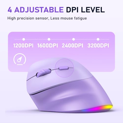 MEETION Left-Handed Wireless Ergonomic Vertical Mouse, Rechargeable -Purple | Dual Bluetooth 5.2/3.0 + USB, RGB lighting, 4 adjustable DPI, compatible with Windows, Mac, PC, iPad and tablets - color: Left Purple