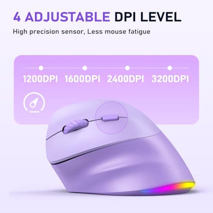 MEETION Left-Handed Wireless Ergonomic Vertical Mouse, Rechargeable -Purple | Dual Bluetooth 5.2/3.0 + USB, RGB lighting, 4 adjustable DPI, compatible with Windows, Mac, PC, iPad and tablets - color: Left Purple