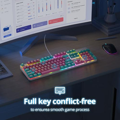 surmen Full Size Pink Creamy Keyboard with Number Pad, 104 Keys RGB Wired Mechanical Gaming Keyboard Backlit with PBT Keycaps Linear Red Switch for Laptop Desktop PC Gamers（104 Miami） - color: 104 Miami