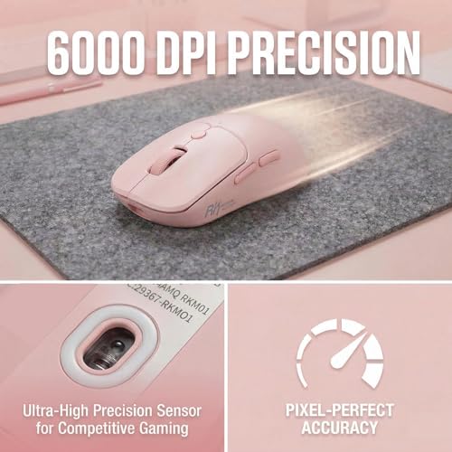 RK ROYAL KLUDGE MO1 Wireless Mouse, 55g Ultra-Lightweight Computer Mice, 6 Programmable Buttons, 2.4GHz/Bluetooth/Wired, 6000 DPI Optical Sensor, Pink - color: Pink