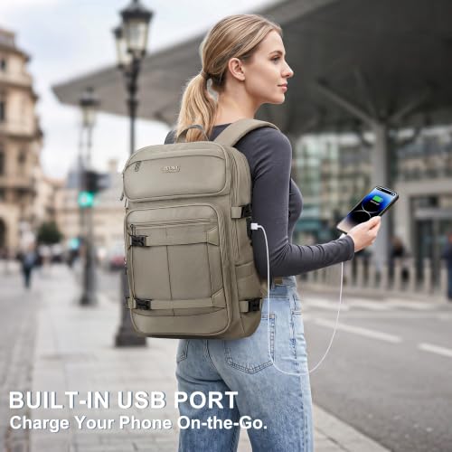 PIJUSHI Casual Travel Backpack for Women with 16" Padded Laptop Compartment | Carry On Luggage with USB Charging Port, 1680D Water-Resistant Nylon, Airline Approved, For Daily, Hiking - color: Updated Khaki