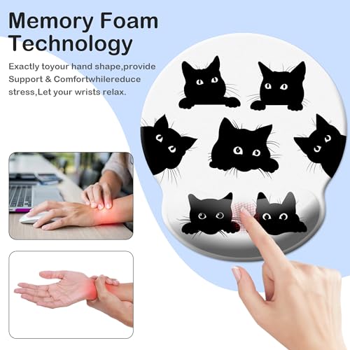 Funny Cat Mouse Pad Wrist Support,Ergonomic Mouse Pad with Wrist Rest,Comfortable Mousepad with Smooth Wrist Rest,Pain Relief Mouse Pads for Non-Slip Base,Computer,Laptop,Office & Home(Six Black Cats) - color: Funny Cat