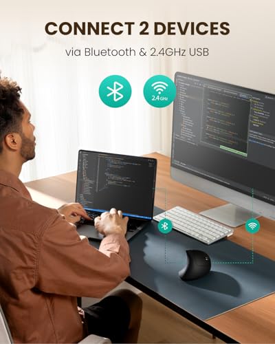 POJTK Ergonomic Wireless Rechargeable Mouse, Bluetooth+USB A+Type C(3 in 1) Connection, 5 Levels Up to 4800 DPI, 6 Silent Buttons, 2.4GHz Carpal Tunnel Vertical Mice, for Laptop, Desktop,MacBook-black
