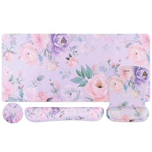 MEGREZ 4-in-1 Mouse Pad with Wrist Rest Ergonomic Memory Foam Desk Mat Set | ergonomic, anti-slip base, 4pcs set, desk pad, mouse wrist rest, keyboard rest, coaster, ideal for office & gaming - color: Colored Flowers