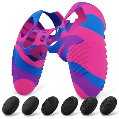 PlayVital 3D Studded Edition Anti-Slip Silicone Cover Case for ps5 Edge Controller, Soft Rubber Protector Skin for ps5 Edge Wireless Controller with 6 Thumb Grip Caps - Pink & Purple & Blue - color: Pink & Purple & Blue