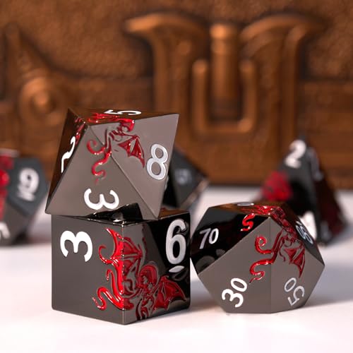 Octopus Metal RPG Dice Set,7-Piece,Crimson Red on Black,Zinc Alloy Dice with Plated Finish,Gift for Tabletop Game Masters (Black Red) - color: Black Red