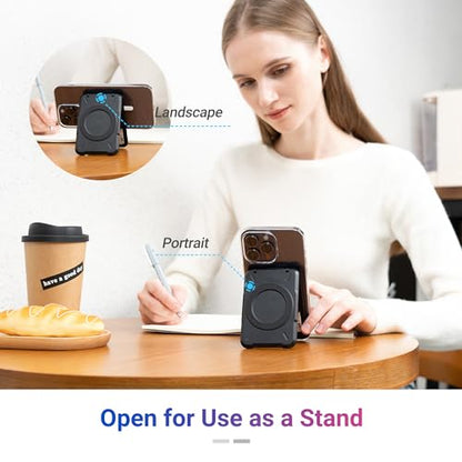 PROfezzion Double Sided Magnetic Wallet 4-Card Holder for MagSafe iPhones | Blue, RFID Blocking, Locking Latch, Kickstand, Fits MagSafe Mount Stand Grip for iPhone 17 16 15 14 13 12 Pro Max & More - color: Blue