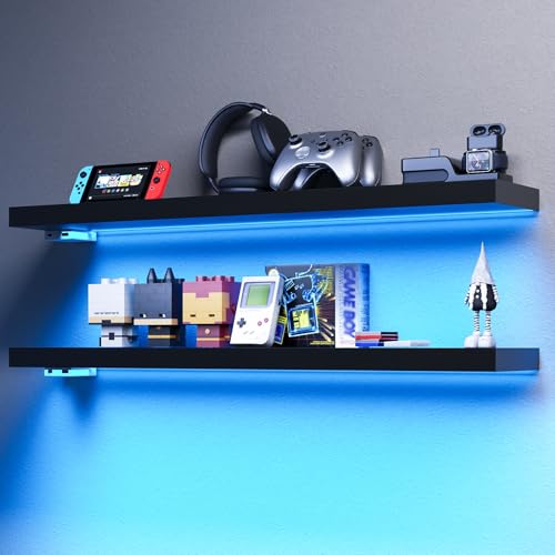BAMEOS Floating Shelves with RGB LED, 31" Wall Mounted Wooden Shelves with Invisible Brackets, Set of 2, Hanging Wall Shelves for Bedroom, Bathroom, Living Room and Kitchen (Black) - color: Black-rgb, size: 31 x 7