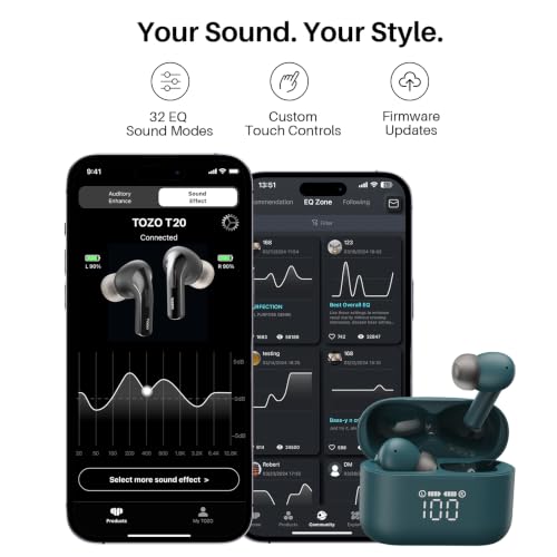 TOZO T20 Wireless Earbuds 97H Playtime, Wireless Charging LED Display Case | 10mm Deep Bass Sound, Dual Mic ENC Clear Calls, IPX8 Waterproof, Bluetooth 5.3, Comfortable Fit Ear Buds For Daily Use, Green - color: Green