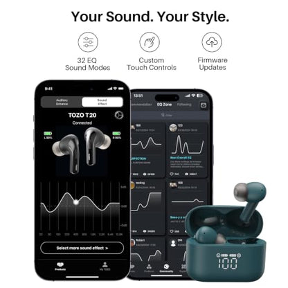 TOZO T20 Wireless Earbuds 97H Playtime, Wireless Charging LED Display Case | 10mm Deep Bass Sound, Dual Mic ENC Clear Calls, IPX8 Waterproof, Bluetooth 5.3, Comfortable Fit Ear Buds For Daily Use, Green - color: Green