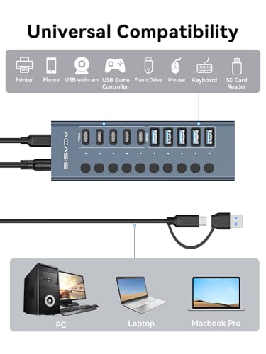 ACASIS 10 Ports Powered USB 3.2 Hub (5 USB-A 3.2 +5 USB-C 3.2), 10Gbps | Individual On/Off Switch for Each Port • Aluminum Housing • Better Heat Dissipation • Plug & Play • 48W Power Adapter - size: 10 Ports
