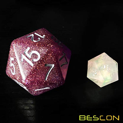 Bescon Glitter Jumbo D20 38MM, Big Size 20 Sides Dice Glitter Purple, Big 20 Faces Cube 1.5 inch - color: Glitter Purple