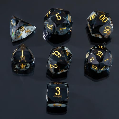 Resin DND Dice Set, 7 Pieces Handmade Sharp Edge Polyhedral Dice for Role Playing Game, Dice Accessory for D&D RPG Players and Starters d4 d6 d8 d10 d12 d20 with Gift Box (Transparent Black) - color: Transparent Black