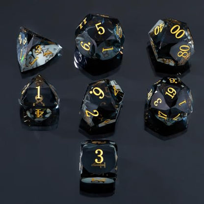 Resin DND Dice Set, 7 Pieces Handmade Sharp Edge Polyhedral Dice for Role Playing Game, Dice Accessory for D&D RPG Players and Starters d4 d6 d8 d10 d12 d20 with Gift Box (Transparent Black) - color: Transparent Black