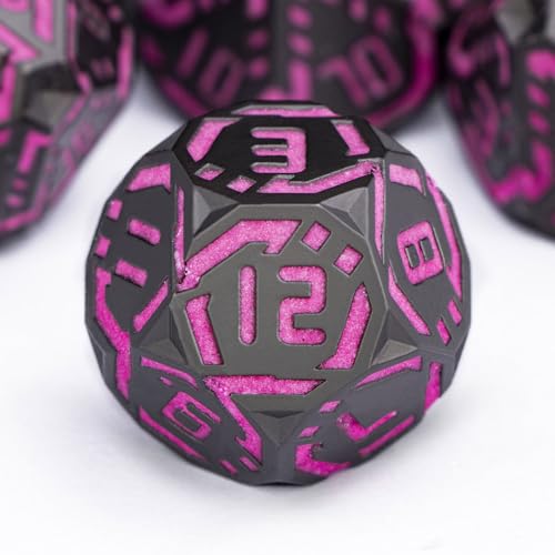 Metal DND Sci-fi Dice Set 7PCS Luminous Pink Stripe Polyhedral Dice for Dungeons Dragons RPG Role Playing Game, Glitter D and D Dice with Gift Box D6 D8 D10 D12 D20 - color: Nightlight - Pink