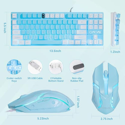 CHONCHOW Blue Keyboard and Mouse Combo, 87 Keys TKL USB Wired LED Light Up Backlit Keyboard, 800-3200 DPI RGB Mouse, Blue Mouse and Keyboard Combo for PS4 PS5 PC Laptop Mac Computers