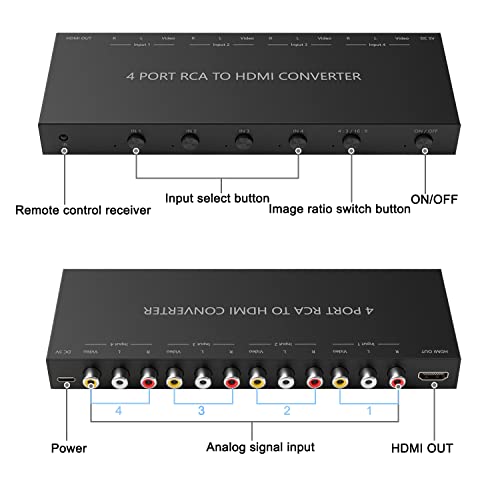 4Port AV to HDMI Converter, 4Port AV to HDMI Switcher with IR Remote, Support 16:9/4:3 and Quick Switch Compatible with WII/N64/SNES/Xbox/PS1/PS2/PS3/VHS/VCR/DVD Players etc.(4AV In-1HDMI Out) - style: 4Port AV to HDMI Converter