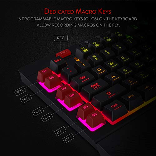 Redragon K512 Shiva RGB Backlit Membrane Gaming Keyboard with Multimedia Keys, Quiet Mechanical Feeling Keyboard, 6 Extra On-Board Macro Keys, Dedicated Media Control, Detachable Wrist Rest - color: Black