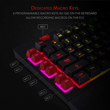 Redragon K512 Shiva RGB Backlit Membrane Gaming Keyboard with Multimedia Keys, Quiet Mechanical Feeling Keyboard, 6 Extra On-Board Macro Keys, Dedicated Media Control, Detachable Wrist Rest - color: Black