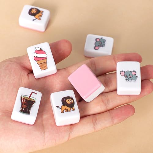 GRACIAS 2 Players Mahjong Block Set, Mahjong Tile Game with 50 Premium Pink Tiles(30mm) Animal and Food Pattern, Portable Mahjongg Set with A Carry Bag - color: Pink