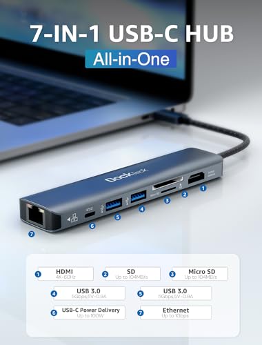 dockteck 7-in-1 USB C Hub with 4K 60Hz HDMI, 1Gbps Ethernet, 100W Power Delivery, SD/TF Card Slots, USB 3.0 Data Ports for MacBook, iPad Pro, XPS - style: Pro series