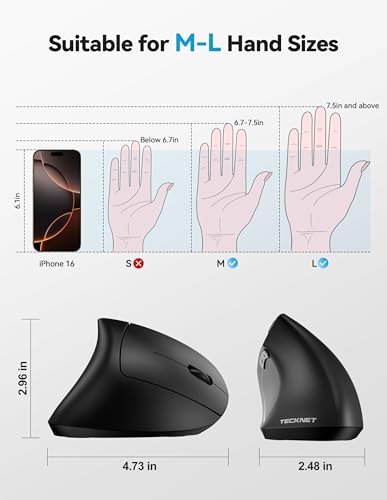 TECKNET Ergonomic Mouse with Jiggler, Bluetooth Wireless Vertical Mouse, 4800DPI Rechargeable Carpal Tunnel Mouse, Undetectable Random Movement Keeps Computers Awake for PC, Laptop, Mackbook | Built-in Jiggler Mover, Bluetooth+2.4G, Wireless Moving Mouse,
