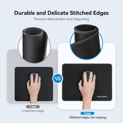 TECKNET 4 Pack Mouse Pad with Anti-fray Stitching, Waterproof Surface & Non-Slip Rubber Base with Stitched Edges Gaming Mouse Mat for Laptop, Compatible with Laser and Optical Mice - Black - color: A-Black-4 Pack