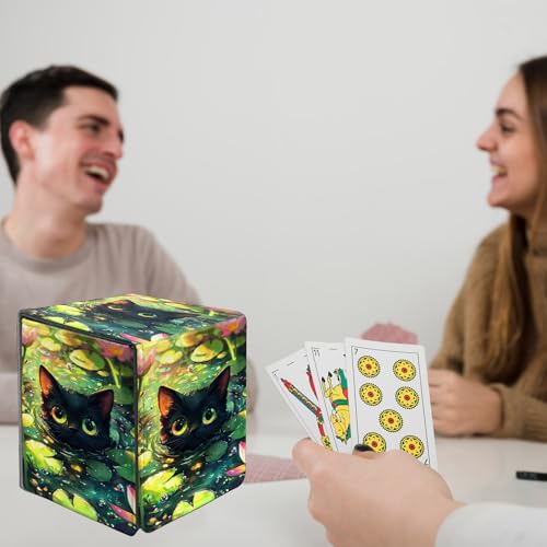 Card Deck Box for MTG Commander,Collectible Trading Storage Box Fits 120+ Single Sleeved Cards Magnetic Case PU Leather for Magic Commander TCG CCG MTG,Cat Lotus Flower - color: Cat Lotus Flower