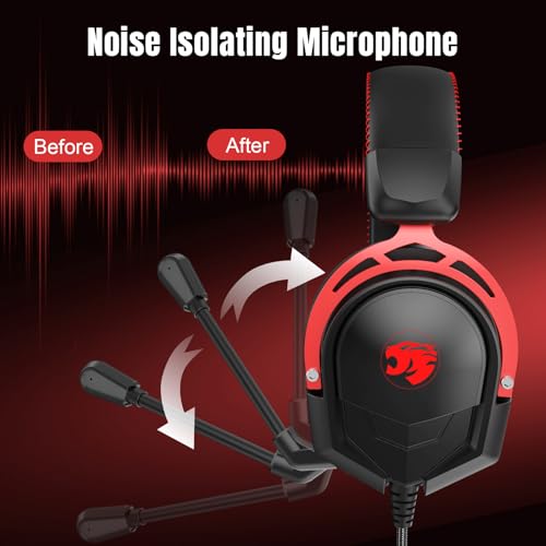 K98 Gaming Headset with Mic, Wired Over Ear Headphones for PC, PS5, PS4, Xbox One, 50mm Stereo Surround Sound, Aluminum Frame, Memory Foam Ear Cushions, Noise Cancelling Mic (Black/Red) - color: Black