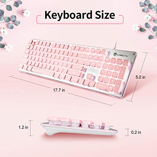 LANGTU Computer Keyboard, Backlit LED Pink for Office, All-Metal Panel USB Wired Membrane, 25 Keys Anti-ghosting, 104 Keys Laptop Compatible