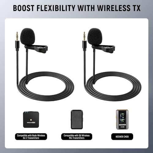 NEEWER 2 Pack Lavalier Lapel Microphone Compatible with DJI Wireless Mic Transmitters Rode Wireless GO II 2, Omnidirectional Condenser Wired Clip On Lav Mics for Stage YouTube Live Streaming, CM5 | Compatible with DJI Wireless Mic Transmitters Rode GO II