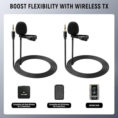 NEEWER 2 Pack Lavalier Lapel Microphone Compatible with DJI Wireless Mic Transmitters Rode Wireless GO II 2, Omnidirectional Condenser Wired Clip On Lav Mics for Stage YouTube Live Streaming, CM5 | Compatible with DJI Wireless Mic Transmitters Rode GO II