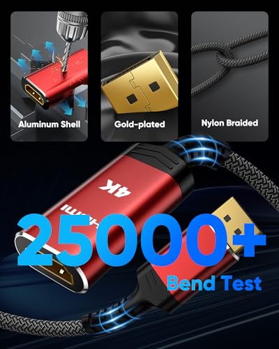 Highwings 4K DisplayPort to HDMI Adapter, Unidirectional DP 1.2 to HDMI 1.4 | Uni-Directional DP 1.2 Computer to HDMI 2.0 Screen, Display Port to HDMI Adapter Male to Female for Dell HP AMD, Passive - color: Red, style: 4K 30Hz-1 Pack