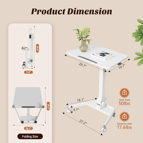 Foldable Mobile Standing Desk, Rolling Laptop Cart, White | 29.9"-42.9" Height Adjustment, Easy to Fold, Portable Standing Desk on Wheels, Folding Desk for Compact Space - color: White