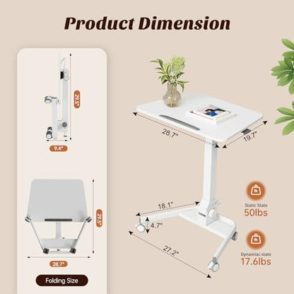 Foldable Mobile Standing Desk, Rolling Laptop Cart, White | 29.9"-42.9" Height Adjustment, Easy to Fold, Portable Standing Desk on Wheels, Folding Desk for Compact Space - color: White