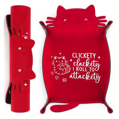 Red Cats Dice Tray Novelty Cat PU Leather Rolling Dice Tray Portable Dice Holder Cute Cat Desk Organizer Funny Gift for RPG, DND Game Players - color: Red