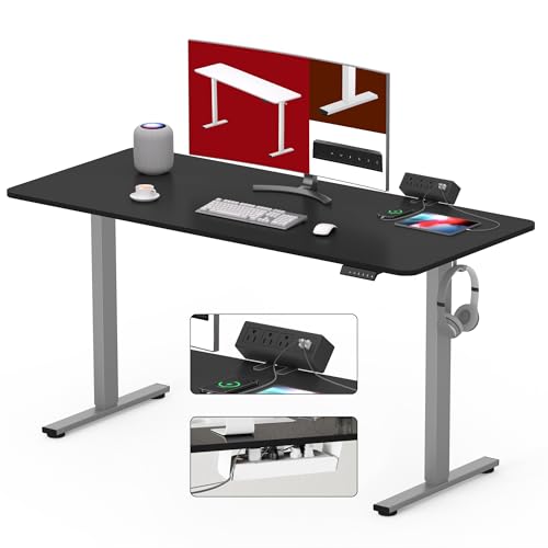 SANODESK Electric Standing Desk with Power Strip 48"x 24" Whole-Piece Desktop Height Adjustable Stand Up Desk with Cable Management Home Office Desk Silver Frame/Black Top - color: Silver Frame+black Top, size: 48"x24"
