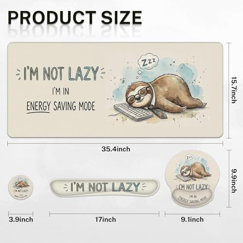 Britimes Sloth Funny Animal Keyboard Mouse Pad Set Beige Motivational 4in1 Large Mousepad+Keyboard Wrist Rest+Mouse Wrist Rest+Coaster Ergonomic Design for Home Office Computer 35.4x15.7 inches - color: Sloth Funny