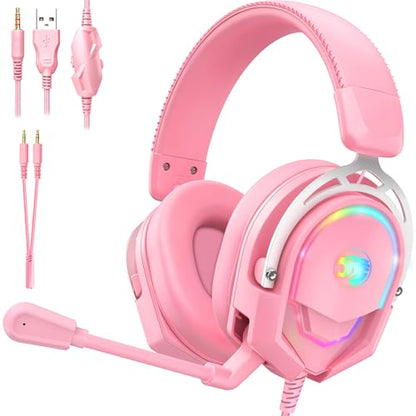 K98 Wired RGB Gaming Headset with Mic, Over Ear Gaming Headphones, 50mm Neodymium Drivers, Noise Isolating Microphone, Memory Foam Cushions, Aluminum Alloy Frame for PC, PS5, PS4, Xbox, Switch - color: Pink RGB